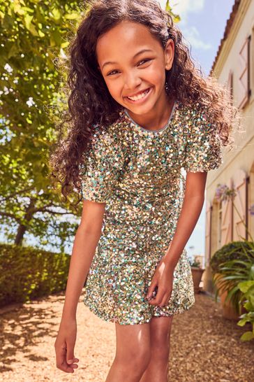 Buy Lipsy Rainbow Sequin Puff Sleeve Tie Waist Dress from Next