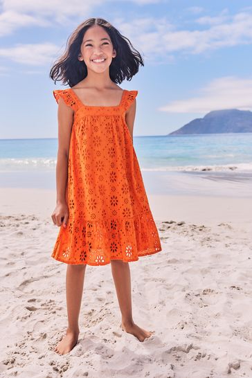 Buy Lipsy Orange Broderie Ruffle Short Sleeve Tiered Trapeze Dress