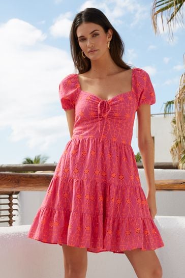 Lipsy Pink Petite Ruched Sweatheart Puff Sleeve Tiered Mini Dress