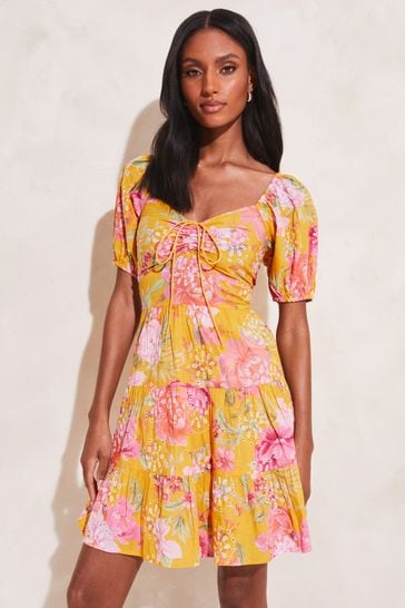 Lipsy Yellow Floral Broderie Ruched Sweatheart Puff Sleeve Tiered Mini Dress