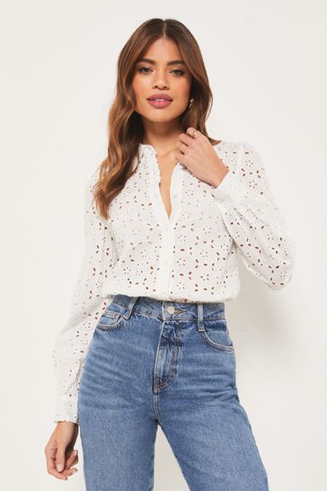 Lipsy White Broderie Collared Button Through Shirt