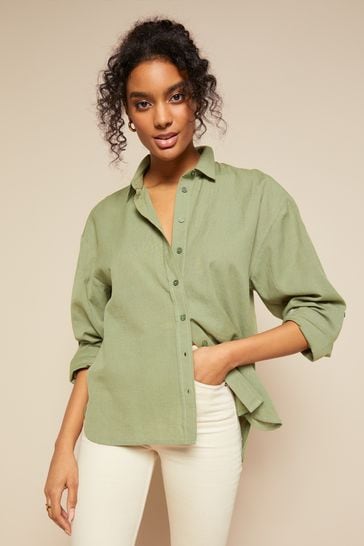 Friends Like These Khaki Green Linen Look Button Through Long Sleeve Shirt