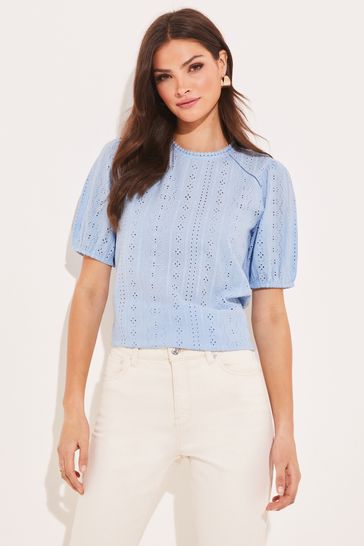 Lipsy Blue Broderie Front Half Sleeve T-Shirt