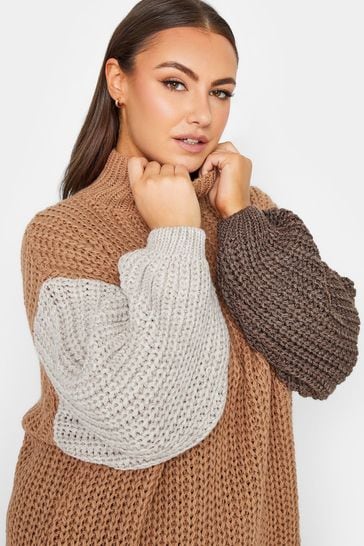 Yours Curve Brown Luxury Colour Block Sleeve Jumper