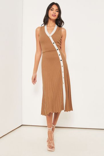 Lipsy Camel Petite Sleeveless Ribbed Pleated Knitted Dress