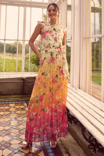 Buy Love & Roses Ombre Floral Flutter Sleeve Pleated Summer Maxi