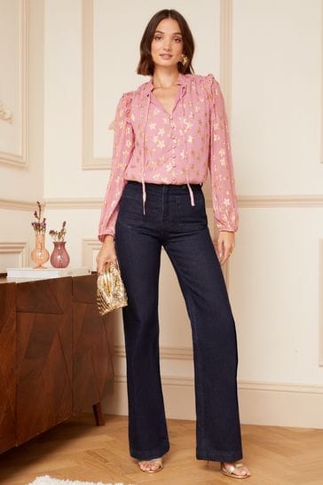 Buy Love & Roses Pink Star Metallic Ruffle Sheer Tie Neck
