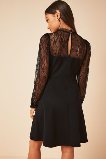 Black lace skater shop dress long sleeve