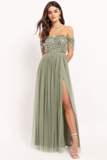Maya Sage Green Bardot Delicate Sequin Tulle Maxi Dress with Split