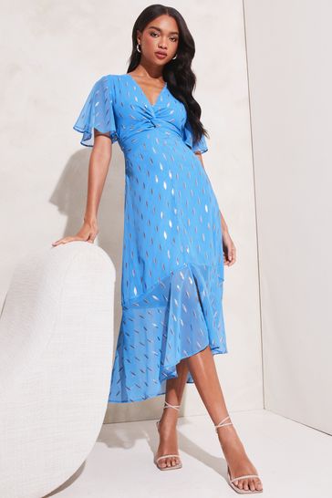 Buy Lipsy Blue Flutter Sleeve Knot Front V Neck Metallic Midi