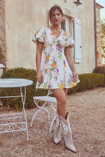 Lipsy Floral Puff Sleeve Mini Tea Dress