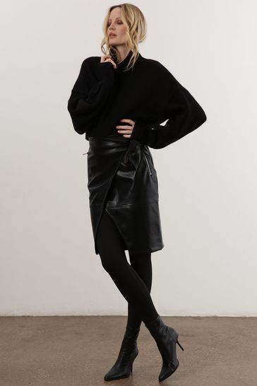Religion Black Faux Leather Midi Wrap Skirt With Zip Pockets