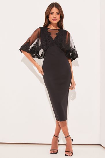 Lipsy Black Artwork Lace Sheer Sleeve Bodycon Midi Dress