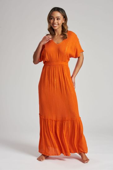 South Beach Orange Crinkle Metallic Maxi Beach Dress