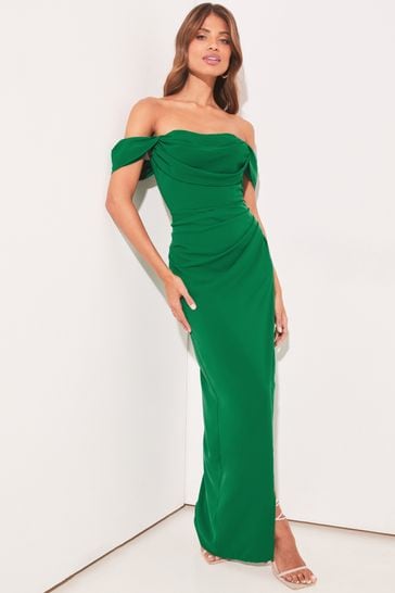 Lipsy Green Bardot Split Drape Maxi Dress