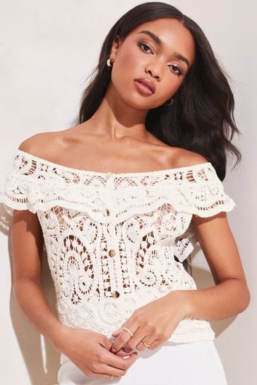 Lipsy White Crochet Ruffle Bardot Sleeveless Knitted Top