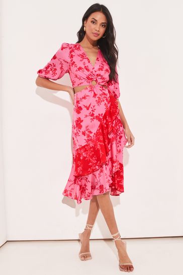 Lipsy Pink Petite Cut Out Ruffle Puff Sleeve Midi Dress