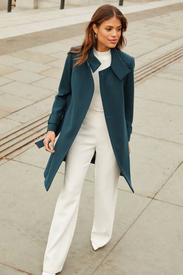 Lipsy Teal Green Petite Military Button Wrap High Neck Belted Coat