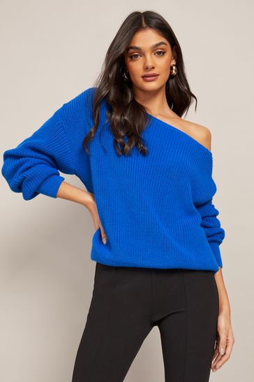 Friends Like These Cyan Knitted Off The Shoulder Jumper