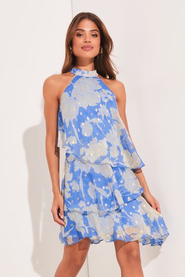 Lipsy Blue Print Metallic Halter Tiered Mini Dress