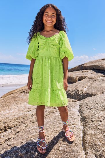 Buy Lipsy Broderie Puff Sleeve Trapeze Dress Next