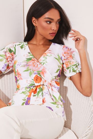Lipsy White Floral Wrap Belted Short Puff Sleeve Top With A Touch Of Linen