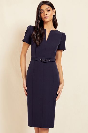 Friends Like These Navy Short Sleeve Belted V Neck Tailored Midi Dress