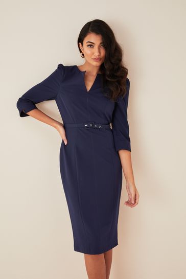 Friends Like These Navy Petite Short Sleeve Belted V Neck Tailored Midi Dress
