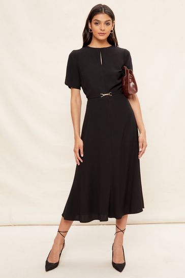 Friends Like These Black Tulip Sleeve Belted Flute Hem Midi Dress