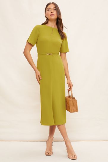 Friends Like These Green Tulip Sleeve Belted Flute Hem Midi Dress