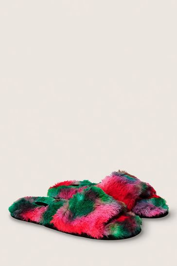 Victoria's Secret PINK Dahlia Blur Red Green Faux Fur Open Toe Slipper
