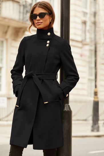 Lipsy Black Military Button Wrap High Neck Belted Coat