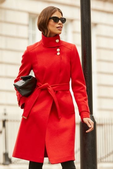 Lipsy Red Military Button Wrap High Neck Belted Coat