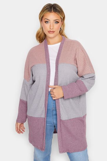 Yours Curve Purple Luxury Soft Touch Colour Block Ribbed Cardigan