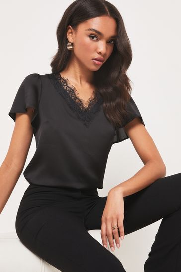 Lipsy Black Satin Lace Trim V Neck Short Sleeve T-Shirt