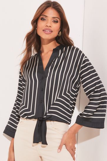 Lipsy Black Stripe Kimono Tie Front Button Up Shirt