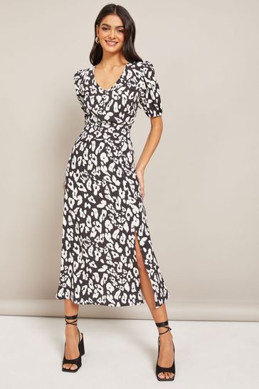 Friends Like These Monochrome Puff Sleeve Ruched Waist V Neck Midi Summer Dress