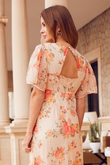 Floral chiffon dress with flutter sleeves sales