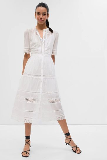 Gap White Lace Button-Up Short Sleeve Midi Dress