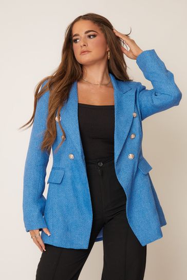 Girl In Mind Blue Edith Boucle Military Button Blazer
