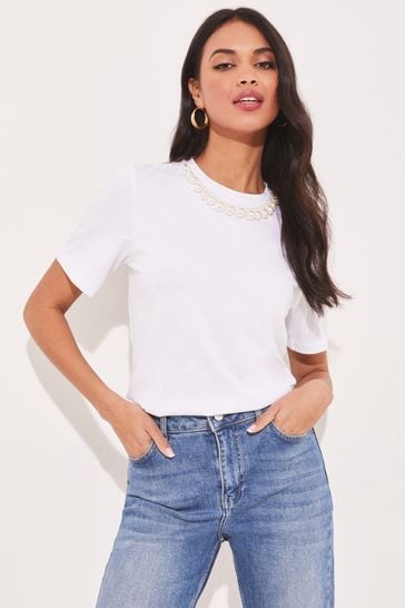 Lipsy White Pearl Necklace Trim T-Shirt
