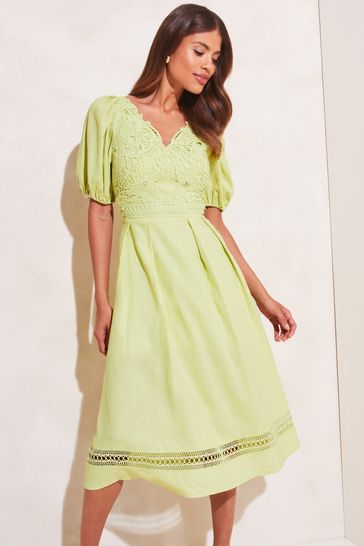 Buy Lipsy Green Puff Sleeve V Neck Lace Artwork Skater Dress from Next Denmark