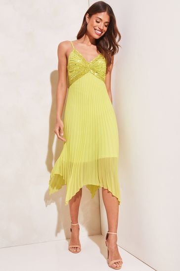 Lipsy Yellow Sequin Pleated Hanky Hem Midi Dress