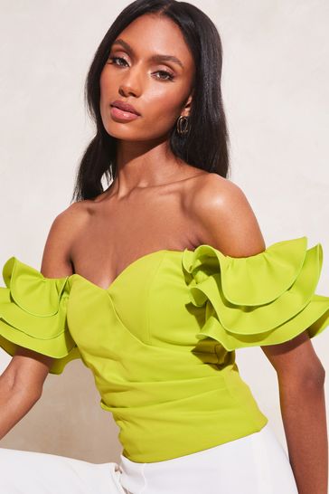 Lipsy Green Ruffle Bardot Off Shoulder Top