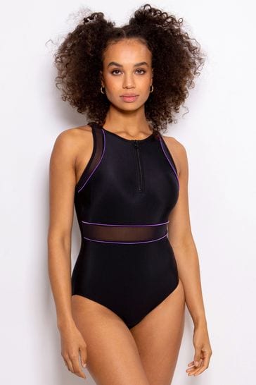 Pour Moi Black/Purple Energy Chlorine Resistant Recycled High Neck Zip Front Swimsuit