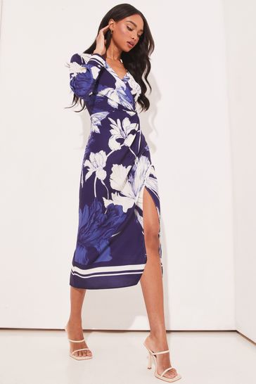Blue floral long sleeve wrap dress on sale