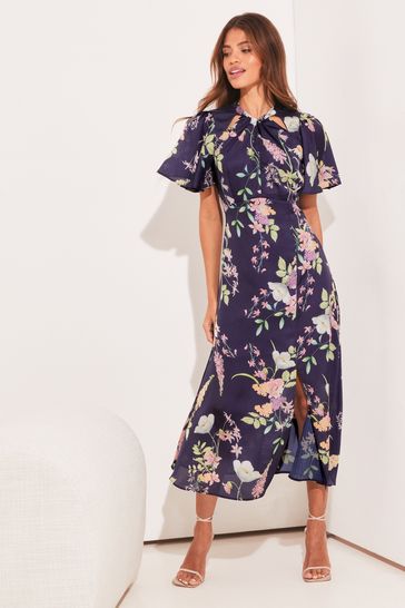 Lipsy Navy Flutter Sleeve Keyhole Front Split Midi Dress