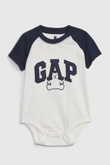Gap White & Navy Blue Logo Short Sleeve Bodysuit - Baby