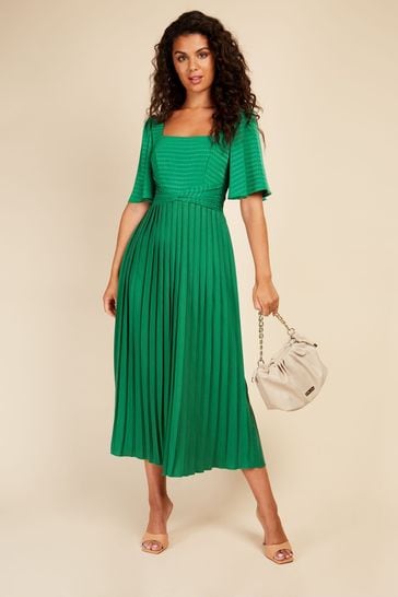 Little Mistress Green Coral Rose Check And Pleated Hem Midi Dress