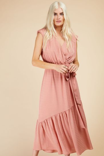 Buy Little Mistress Pink Coral Rose Check Mock Wrap Midi Dress